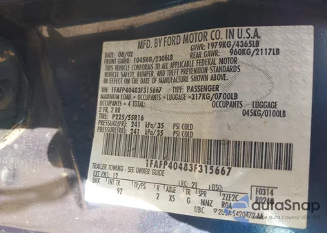 2003 Ford Mustang z USA, uszkodzony, nr VIN 1FAFP40483F315667